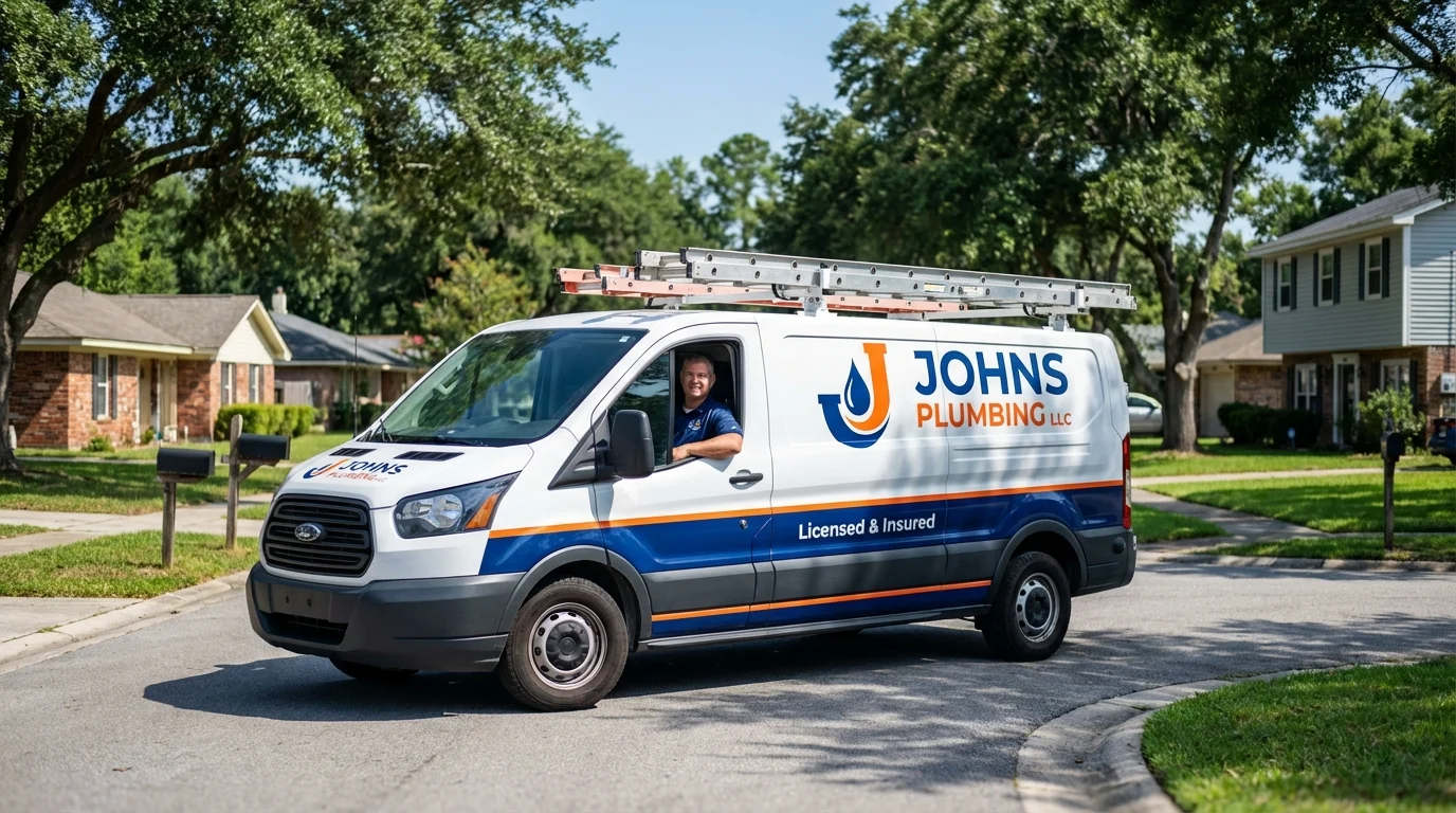 Johns Plumbing LLC service van in Burlington, MA