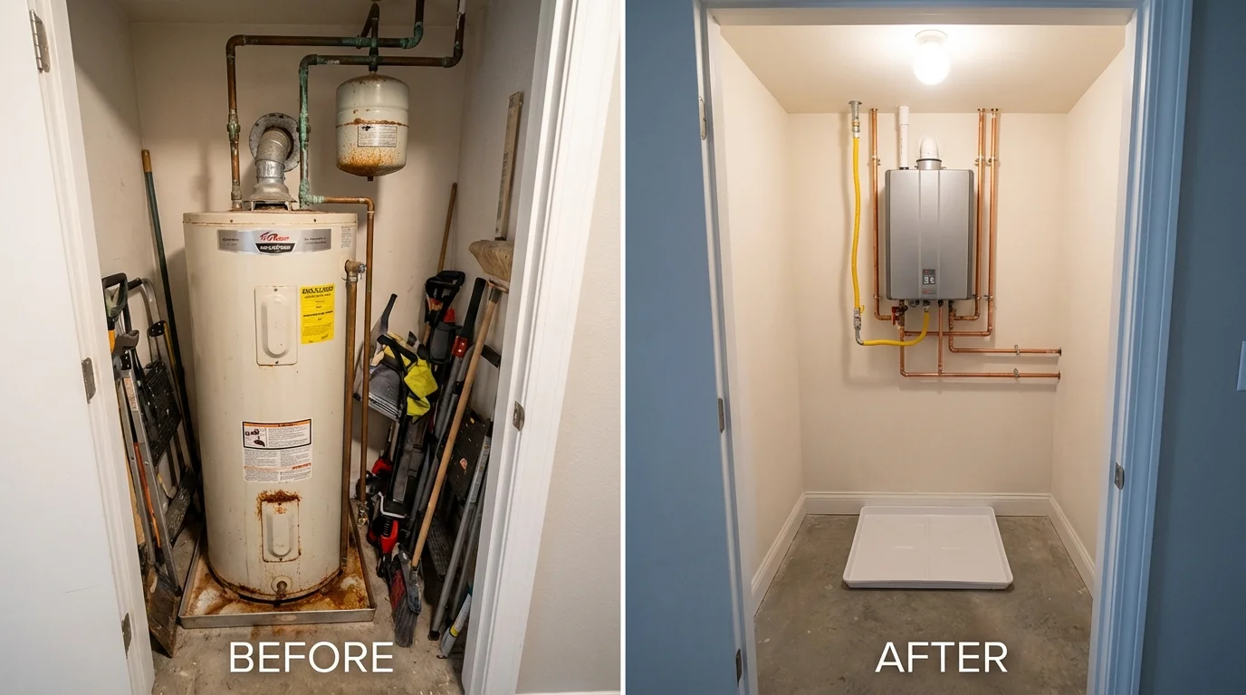 Tank water heater versus wall-mounted tankless unit comparison for Burlington, MA homeowners
