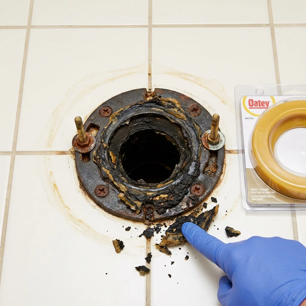 Failed wax ring showing water seepage at the base of a toilet in a Burlington, MA home